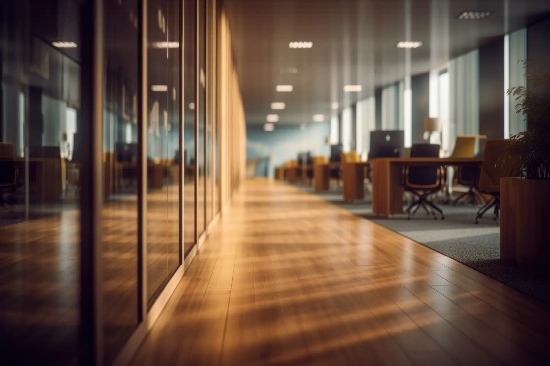 Office with wooden floors